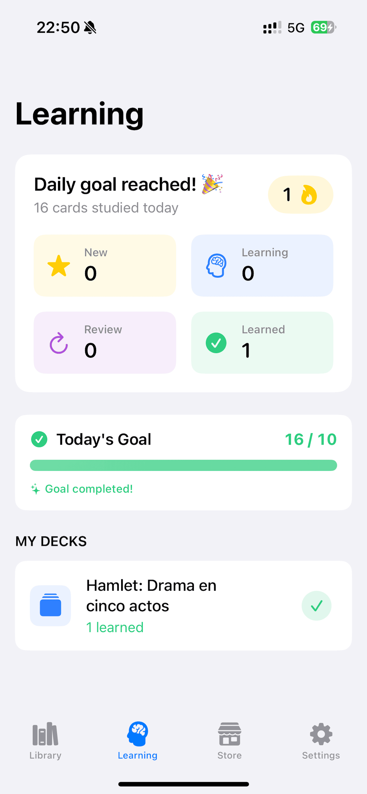 Learning progress dashboard with daily goals