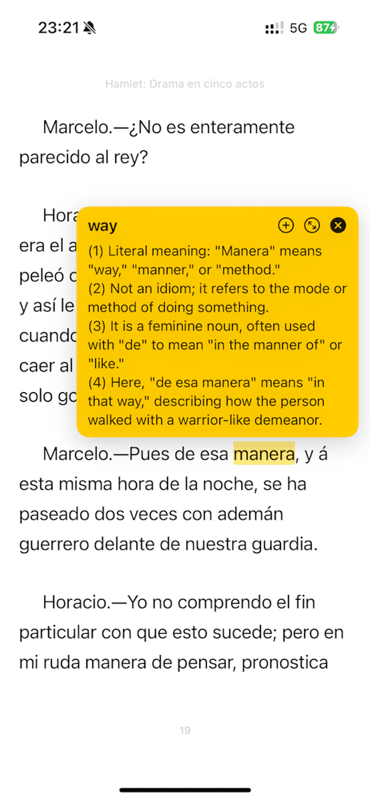LinguaRead AI translation explaining the word 'manera' with detailed context